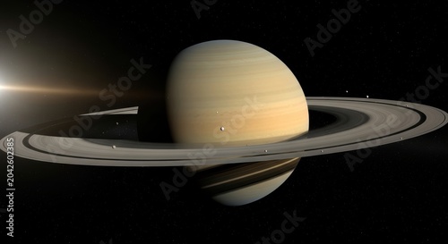 A photorealistic ultra-detailed 8k photograph of Saturn planet with rings and moons in outer space showing the rings and atmosphere in high definition.