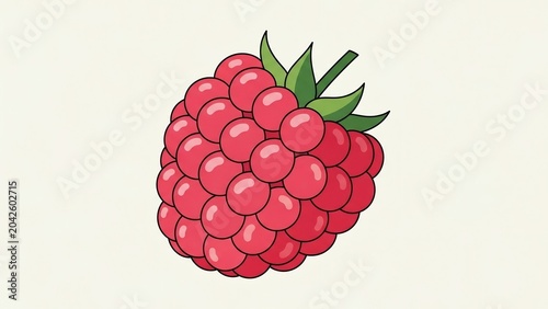 Vivid red raspberry vector art illustration with crisp green leaves and smooth minimalist design. AI Generated