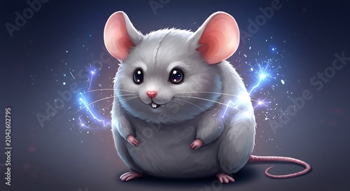 Adorable gray mouse illustration radiating glowing blue magic in a dark whimsical fantasy art style. AI Generated
