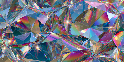 A luxurious abstract panoramic background texture with crystal facets that reflect dazzling light and a rainbow prism effect