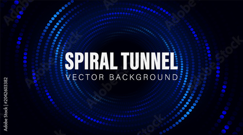 Blue dotted spiral tunnel pattern in abstract graphic style on dark background, concept of dynamic motion and technology. Vector illustration