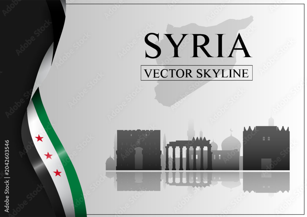 Naklejka premium Syria skyline silhouette with national ribbon in clean graphic style on light gradient background, symbolizing culture and heritage. Vector illustration