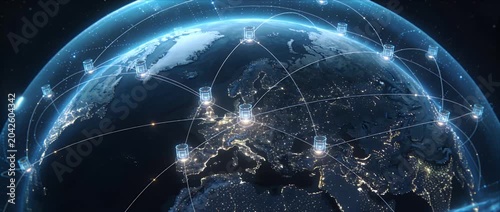 Global network data center digital connection around earth planet night technology Europe internet cloud computing communication infrastructure global data network connection and secure digital globe
