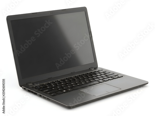 Modern black laptop computer with blank screen isolated on white background
