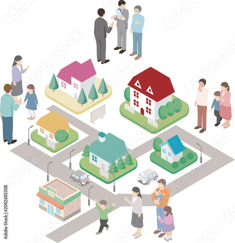Isometric illustration of a residential area with houses and families. (Real estate, Moving, New life)