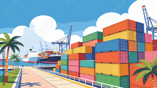 Bild auf Leinwand A vibrant illustration of a busy shipping port with colorful cargo containers stacked high, cranes, and ships docked at sea under a bright blue sky with fluffy clouds