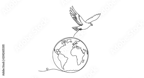 Bild auf Leinwand Minimalist single line drawing of a dove flying from a stylized Earth globe on white background