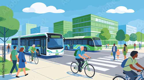 Bild auf Leinwand Modern city street scene with electric buses, cyclists, and pedestrians promoting sustainable urban transportation and green living