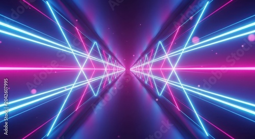 Futuristic neon tunnel with geometric light patterns and vibrant color spectrum