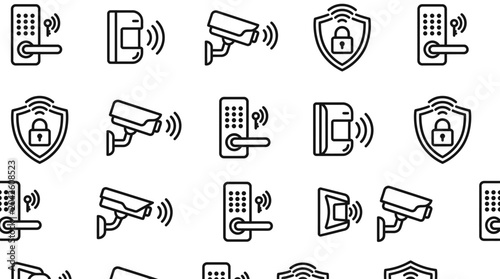 Tablou pe pânză Monochrome security iconset with surveillance cameras, shields, and alarm devices