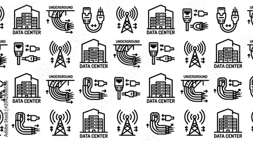 Pattern of architectural icons representing buildings, towers, and urban infrastructure.