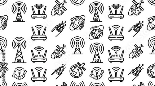 Repeating Black and White Antenna and Satellite Broadcast Pattern for Graphic Resources.