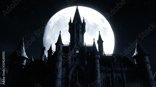 A dark gothic castle stands against a bright full moon, creating a mysterious atmosphere inspired by fantasy and legends.