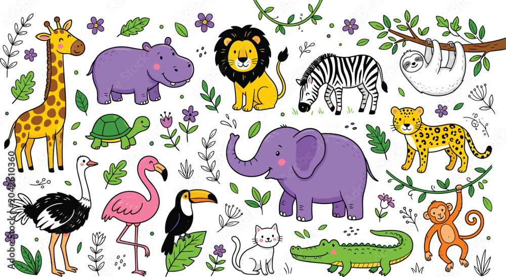 Obraz premium Cute Jungle and Safari Animals Vector Character Collection with Lion Elephant Giraffe Hippo and Tropical Leaves for Kids Nursery and Educational Designs