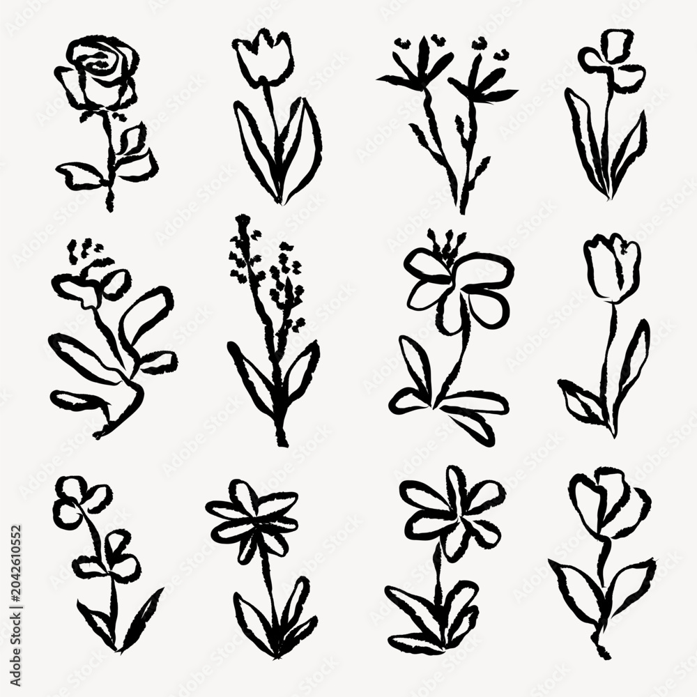 Fototapeta premium Vector of hand-drawn black floral sketches on a white background.