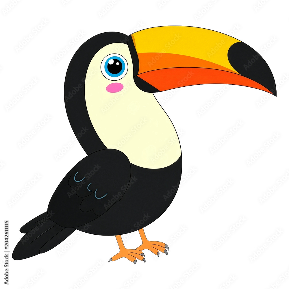 Naklejka premium A cute toucan cartoon with a large yellow beak. The bird has black feathers, a white chest, and big blue eyes