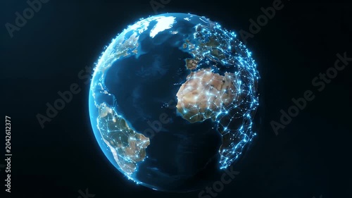 Glowing Earth at Night with Digital Connections Across Continents