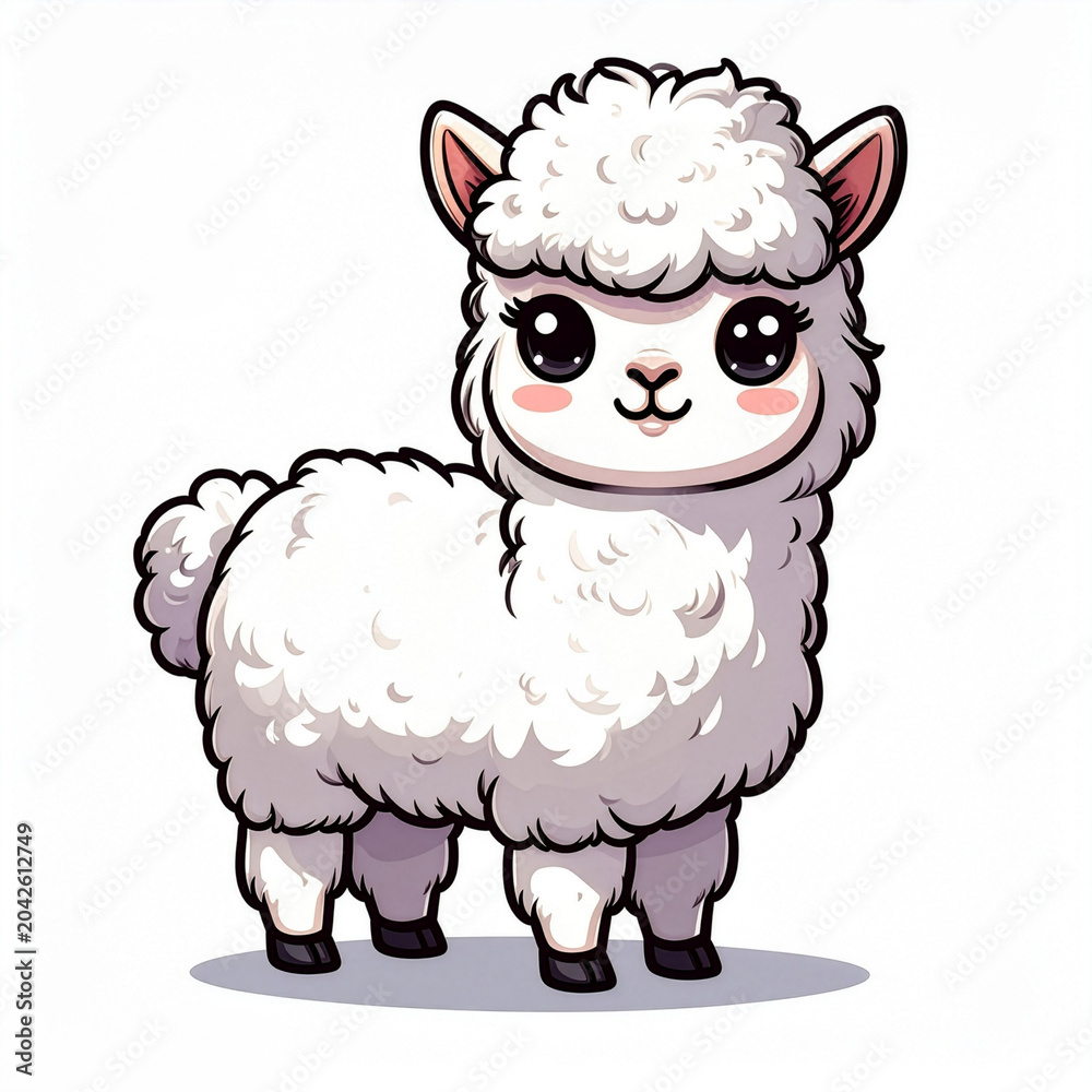 Naklejka premium A cute, fluffy cartoon alpaca with big, expressive eyes and a sweet smile, standing on a simple light grey ground