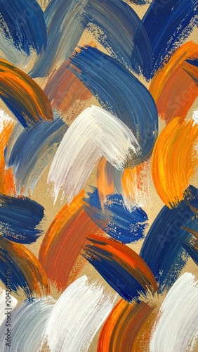Abstract art with expressive thick paint brushstrokes in blue orange and white colors for modern interior decor and creative backgrounds