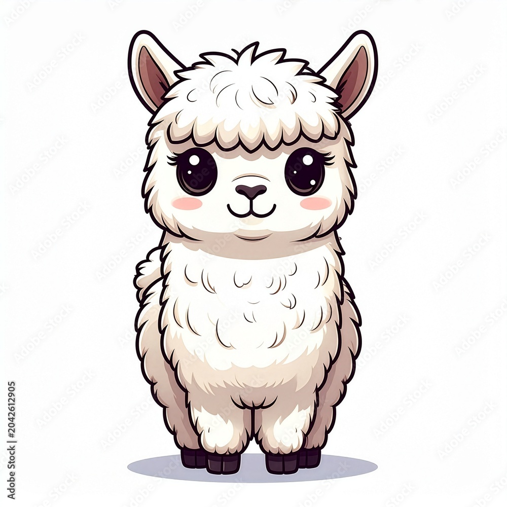 Fototapeta premium An adorable fluffy alpaca with large, sparkling eyes, standing on its hind legs. The alpaca is white with pink cheeks and a gentle smile, rendered in a charming cartoon style