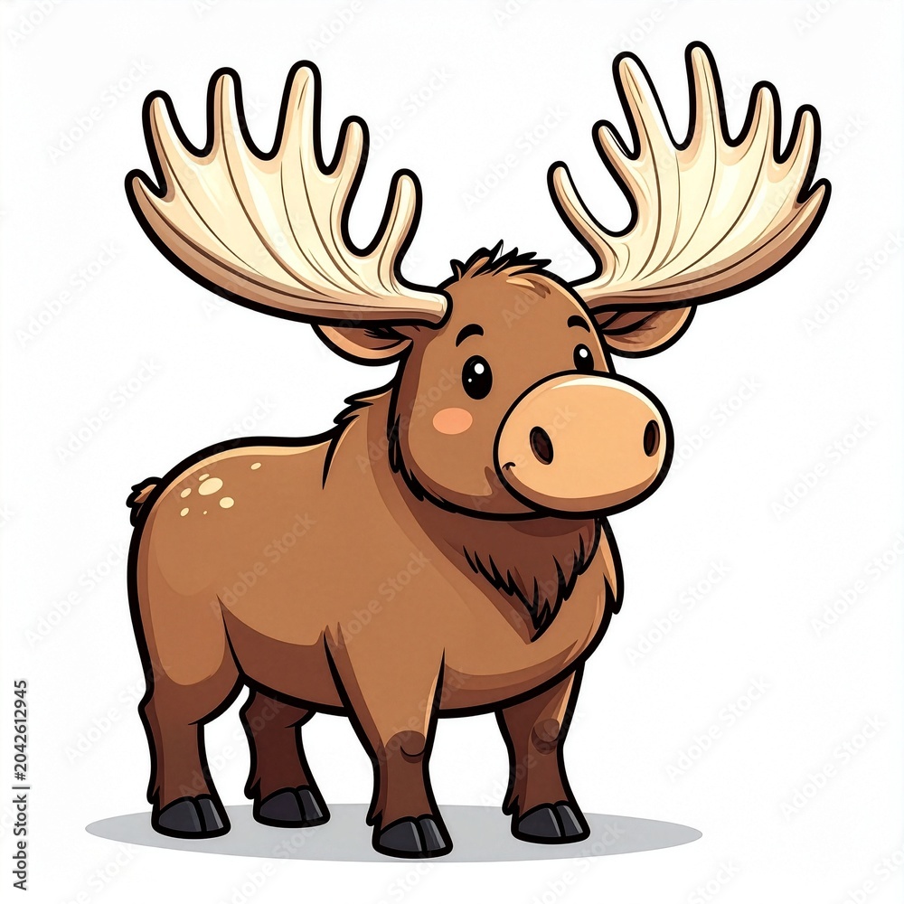 Naklejka premium A cute, cartoon-style moose with large, distinctive antlers stands on a simple white background, showcasing its charming and friendly appearance