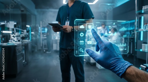 Medical professional interacts with a glowing holographic interface in a state-of-the-art laboratory, showcasing innovative data analysis and scientific advancement for future technology