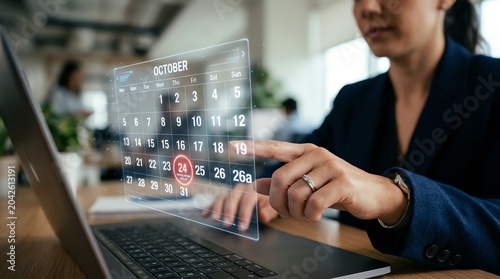 Business professional interacting with a futuristic digital calendar interface for efficient schedule planning and time management in a modern office environment