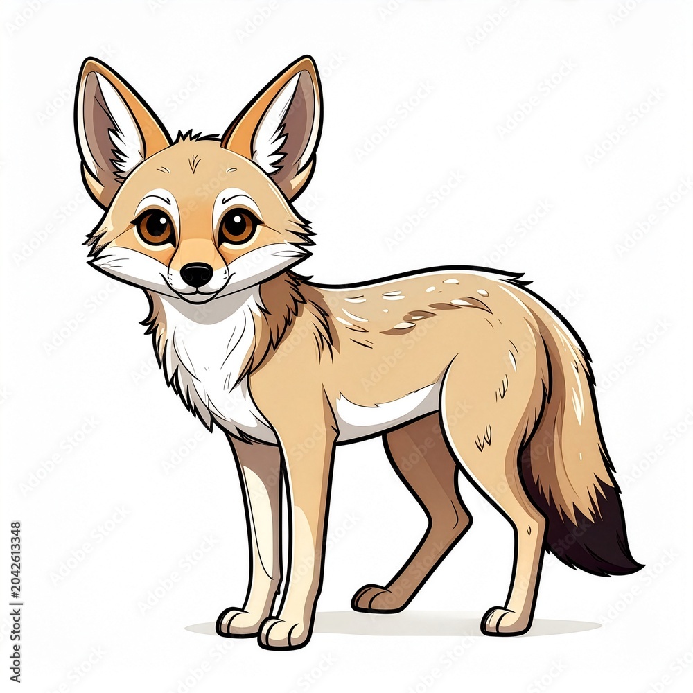 Fototapeta premium A cute desert fox with large ears, a bushy tail, and soft brown eyes, rendered in a charming cartoon style. This illustration captures the whimsical essence of a small.