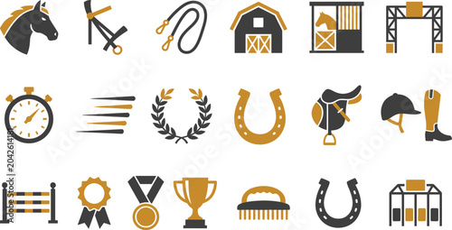 Cuadro en lienzo Detailed vector illustration set featuring equestrian equipment and horse racing