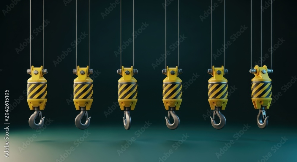 Naklejka premium Industrial Crane Hooks Hanging in a Row with Yellow and Black Stripes