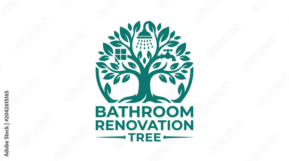Fototapeta premium Bathroom renovation tree logo concept with shower faucet and window elements