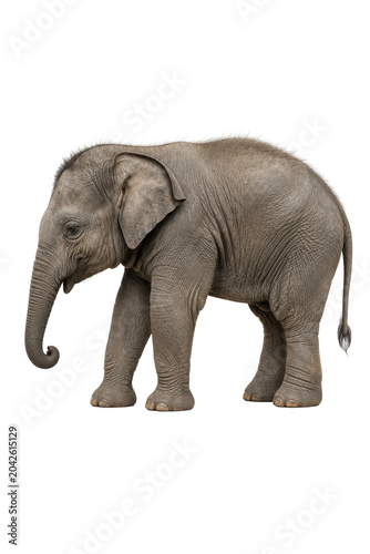 A gray elephant standing isolated on white background, curled trunk and floppy ears.