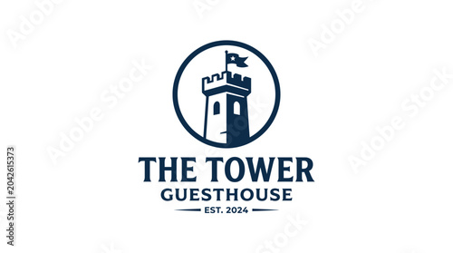 Tableau sur toile Vector logo design for The Tower Guesthouse featuring a stylized tower and flag