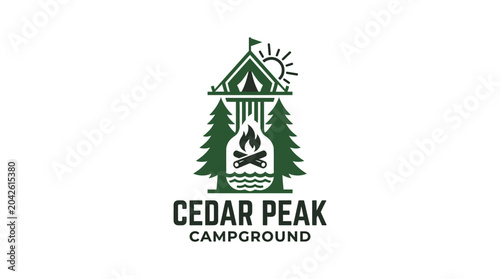 Tableau sur toile Outdoor adventure logo with tent, campfire, trees, and sun graphic element