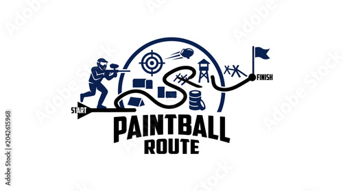 Foto Paintball route graphic element with player, targets, and obstacles