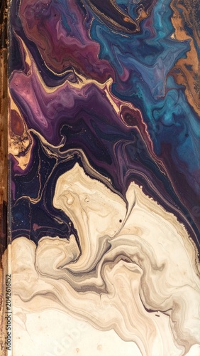 Abstract fluid acrylic painting texture with purple, teal, and cream swirls