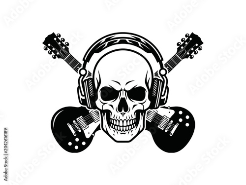 Skull Wearing Headphones with Crossed Electric Guitars Vector Illustration