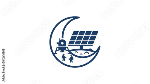 Bild auf Leinwand Vector illustration of lunar exploration with astronauts, lander, and solar panel inside a crescent moon