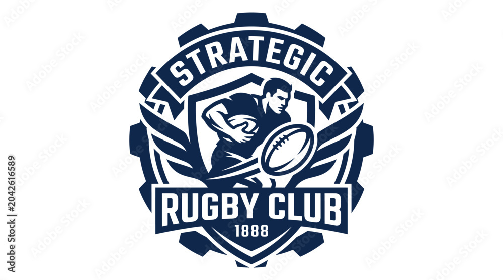 Fototapeta premium Rugby club emblem with player holding ball and gear elements, vector illustration