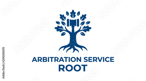 Slika na platnu Legal concept logo: gavel as tree trunk, oak leaves, root system, text below