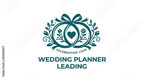 Fotografía Wedding planner logo with interlocking rings and heart, surrounded by laurel branches and ribbon