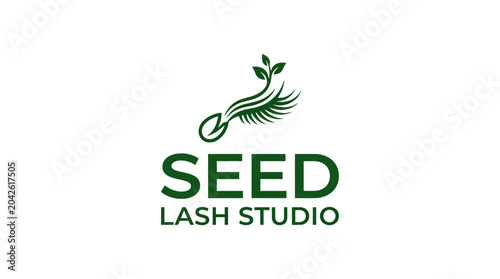 Seed Lash Studio logo featuring a stylized eyelash with a sprouting seedling and text.