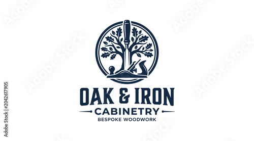 Foto Woodworking carpentry logo with tree and tools, oak and iron cabinetry concept