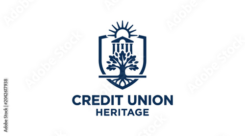 Credit Union Heritage logo design with shield, tree, and sun elements