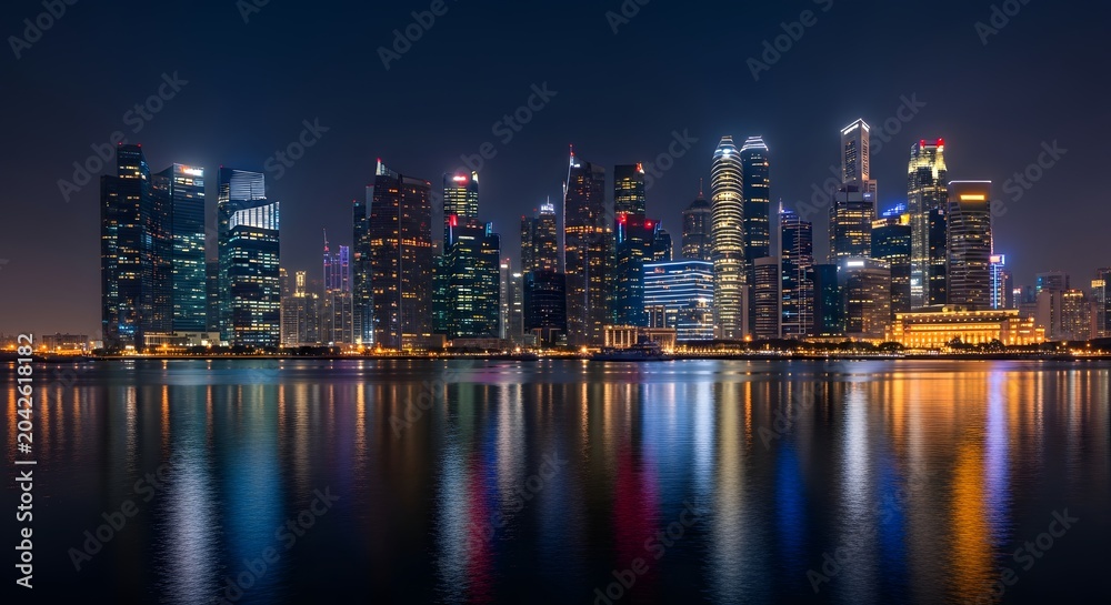Obraz premium Illuminated city skyline reflecting in water