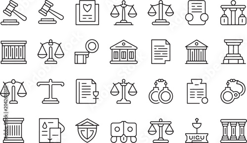 Cuadro en lienzo Law and Justice Icons Set with Gavel, Scales, Courthouse, and Handcuffs Representing Legal System Concepts for Criminal and Civil Cases