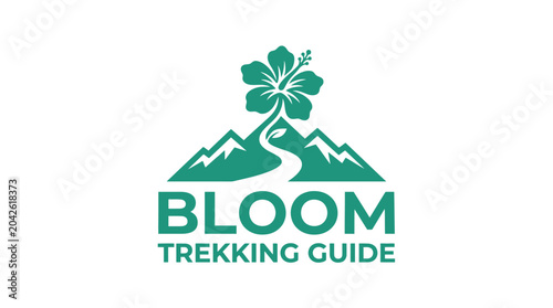Bild auf Leinwand Mountain trekking guide logo with hibiscus flower and river graphic element
