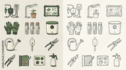 Fotografija Collection of gardening tools and equipment, including watering can, gloves, pruners, and smart garden system elements