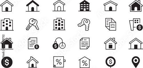 Schilderij op canvas Houses, Buildings, Keys, and Document Icons Set in Black and White for Real Estate and Banking Applications