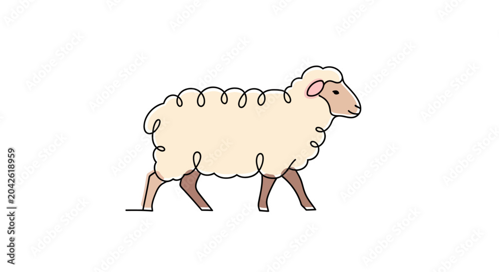Obraz premium Sheep Walking Sideways Cartoon Style.